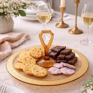 Vintage Amber Glass Round Cookie Server with Handle & Gilded Edge